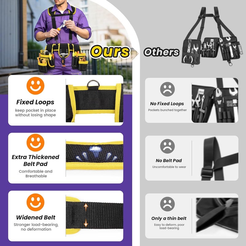 TEKCHIC Tool Belt, Professional Tool Belts for Men, Magnetic Tool Pouch With Suspenders, Heavy Duty Detachable Adjustable Utility Belt Work Bags for Electrician, Carpenter (Black and Yellow, 32''-66'') - Image 4